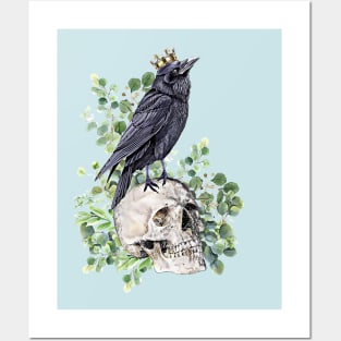 Gothic black raven with skull and crow, skeleton eucaliptus leaves Posters and Art